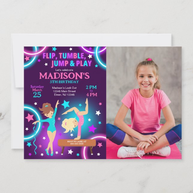 Invitación Gymnastics Birthday Photo Invitation Neon Party (Anverso)