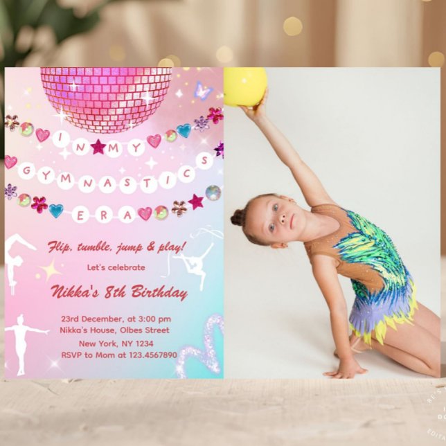 Invitación Gymnastics Birthday Pink Gym Party Photo  (gymnastics, gym, girl birthday, acrobatics, girly, 1st first bday invite, gymnastics party, gymnasti)