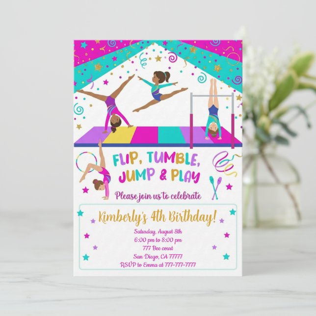 Invitación Gymnastics Pink Purple Turquoise Girl Birthday  (Anverso de pie)