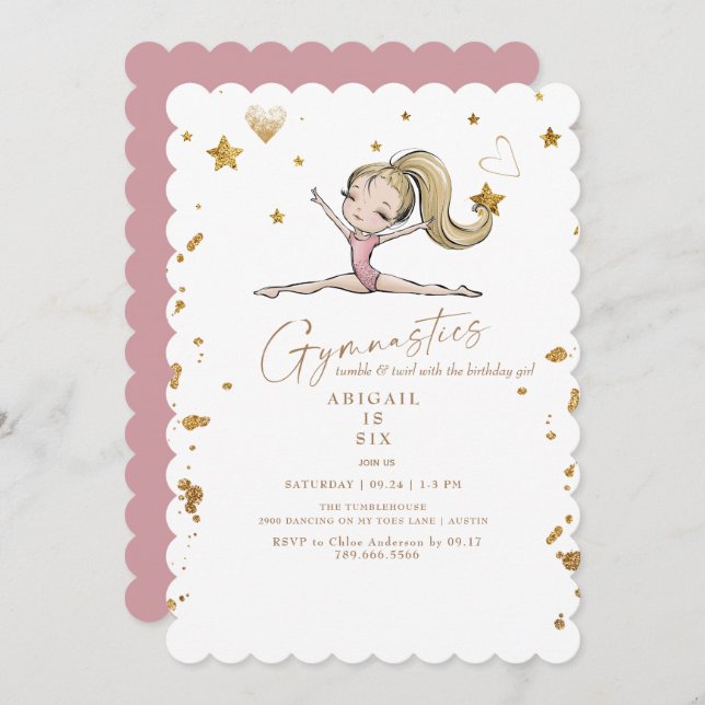 Invitación  Gymnastics Tumble & Twirl Pink Birthday Party (Anverso / Reverso)