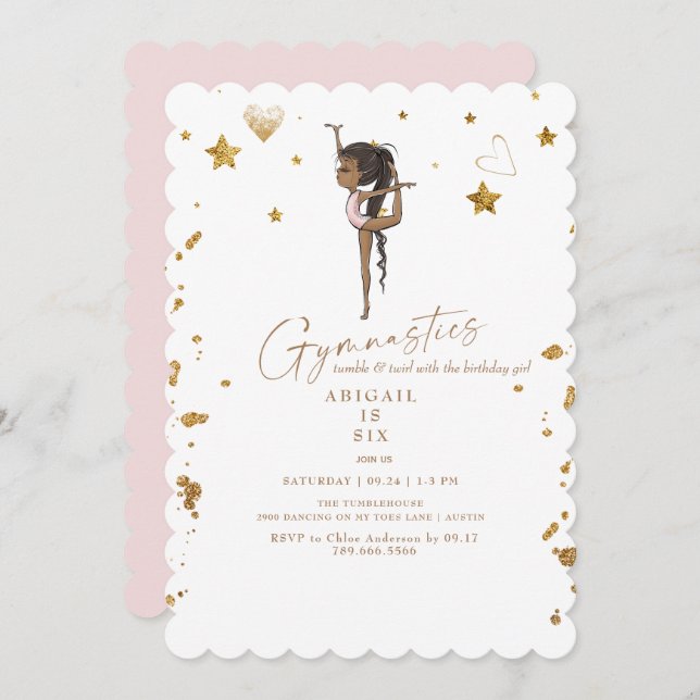 Invitación  Gymnastics Tumbling Pink Scalloped Birthday Party (Anverso / Reverso)