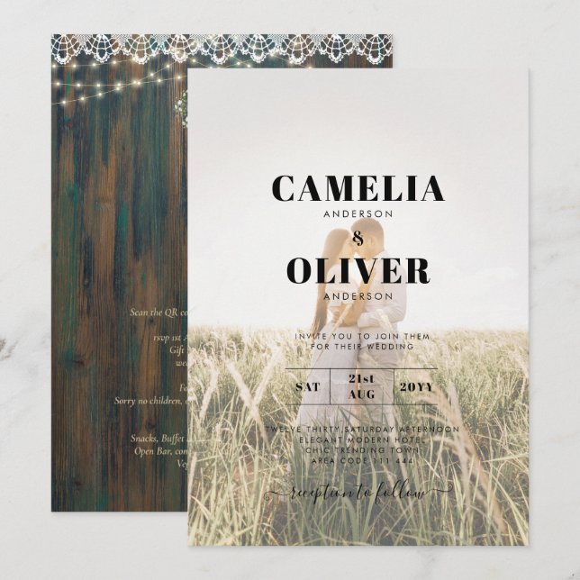 Invitación Gypsophila de encaje ruso enciende a Boda Mason Ja (Anverso / Reverso)