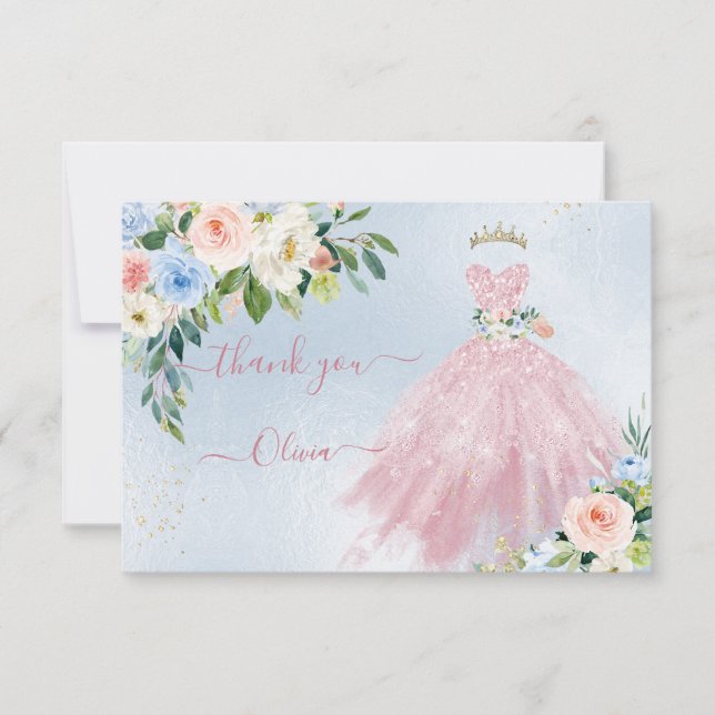 Invitación H2 Azul Rosa Esparkling Quinceanera Vestido Gracia (Anverso)