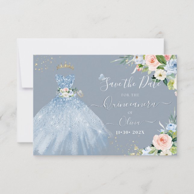 Invitación H2 Azul rosa Esparkling Quinceanera Vestido Guarda (Anverso)