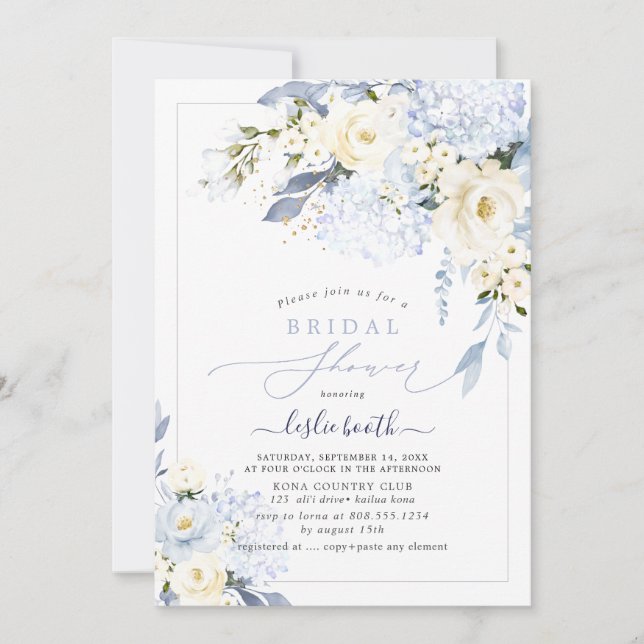 Invitación H2 Blue Hydrangea Cream Rosas Brillantes Ducha (Anverso)