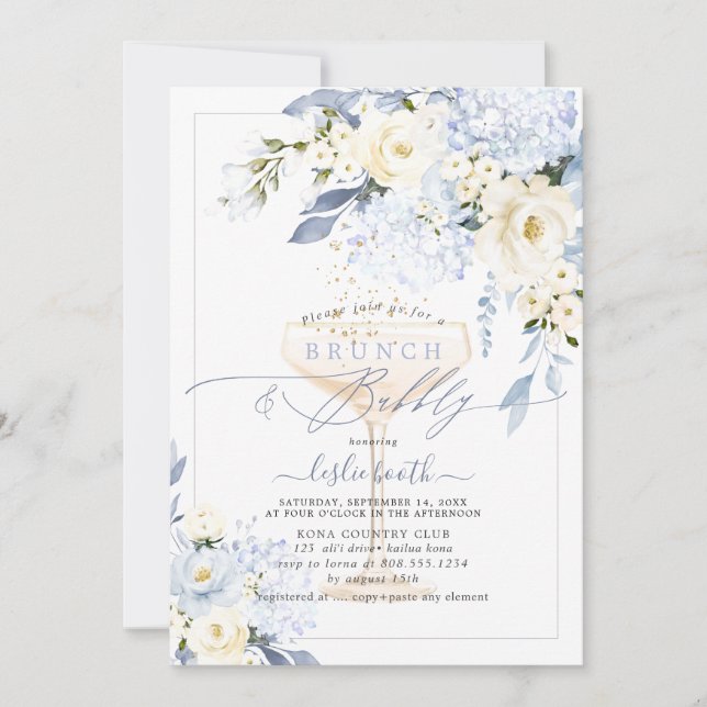 Invitación H2 Blue Hydrangea Cream Rosas Brunch Bubbly (Anverso)