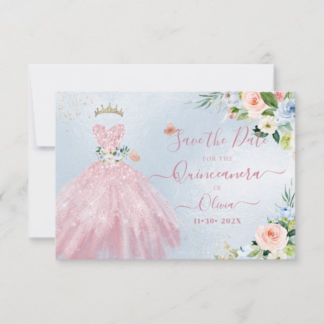 Invitación H2 Esparkling Rosa Quinceanera Vestido Guardar Fec (Anverso)