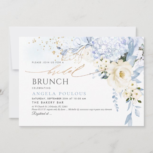 Invitación H2 Flores Brunch de nuez azul de hielo blanco (Anverso)