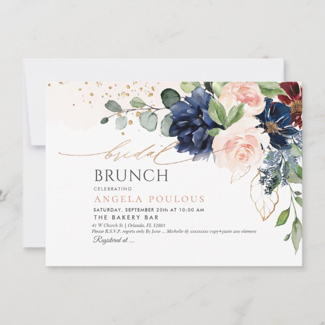 Invitación H2 Flores Rubor Navy Burgundy Bridal Brunch (Anverso)