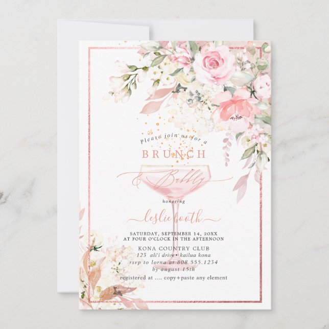 Invitación H2 Rosa agitado Rubor Hydrangea Brunch Bubbly Invi (Anverso)