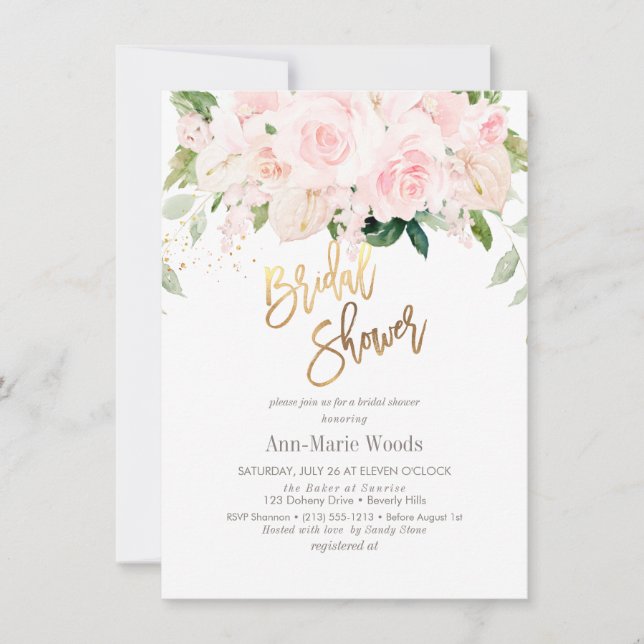 Invitación H2 Rosas de Rubor Anthuriums Peonies Bridal Shower (Anverso)