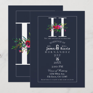 Invitación H Monograma Inicial Final Moderna Floral Azul Boda