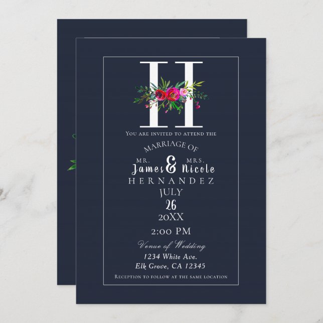 Invitación H Monograma Último Boda floral azul moderno inicia (Anverso / Reverso)