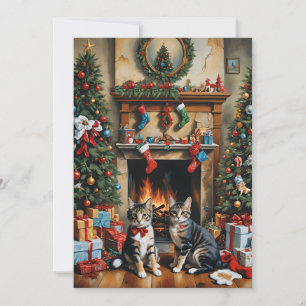 Invitación Habitación decorada con fiesta, chimenea, gatos, v