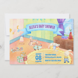 Invitación Habitación para bebés con juguetes y ducha para be