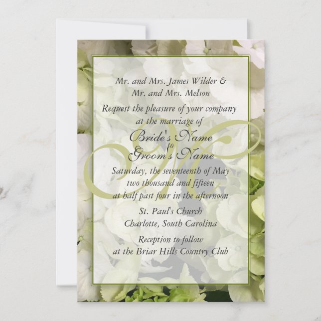 Invitación Habitación verde blanca de la boda del Hydrangea (Anverso)