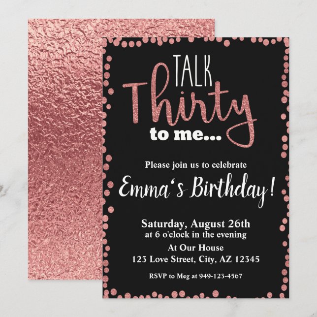 Invitación Habla Treinta para mí Rosa negro Oro 30 cumpleaños (Anverso / Reverso)