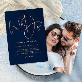 Invitación Hacemos Boda azul de la Marina de Fotos con guión 