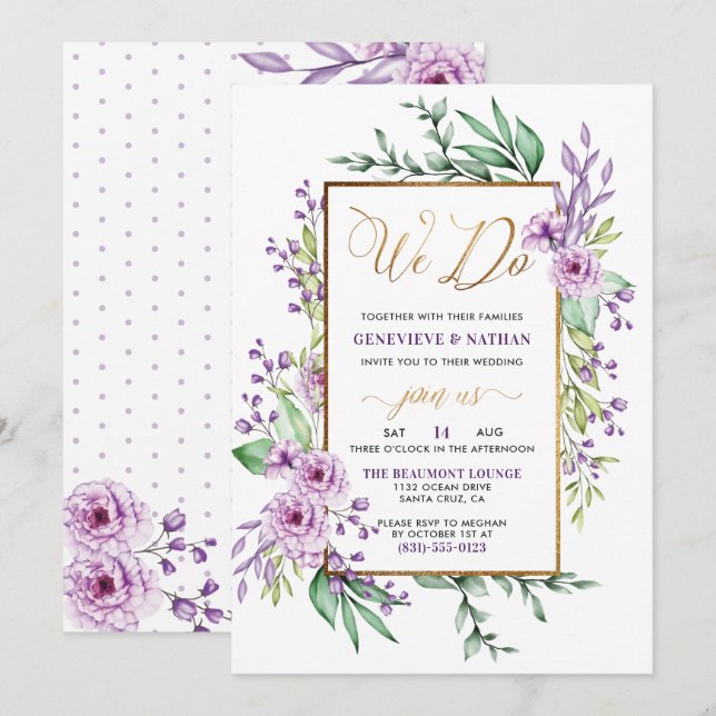 Invitación Hacemos Boda de Flores Púrpura con Guión Purpurina (Anverso / Reverso)
