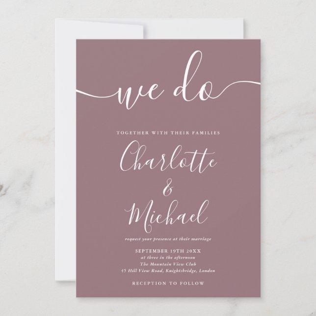 Invitación Hacemos Boda de manuscritos de firma mauve (Anverso)