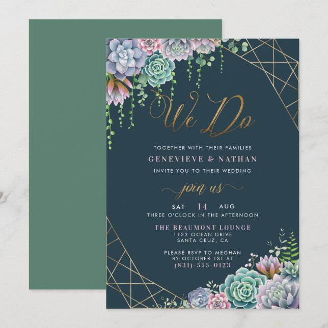 Invitación Hacemos Boda de marco geométrico y de suculentos d (Anverso / Reverso)