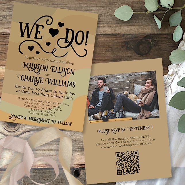 Invitación Hacemos Earthtone Retro Swirls Código QR Boda de f (In Situ Front and Back)