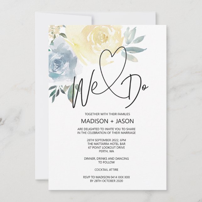 Invitación Hacemos Floral De Crema Azul Boda Moderno Y Simple (Anverso)