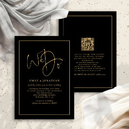 Invitación Hacemos Gold Script Borde de línea QR Boda negro