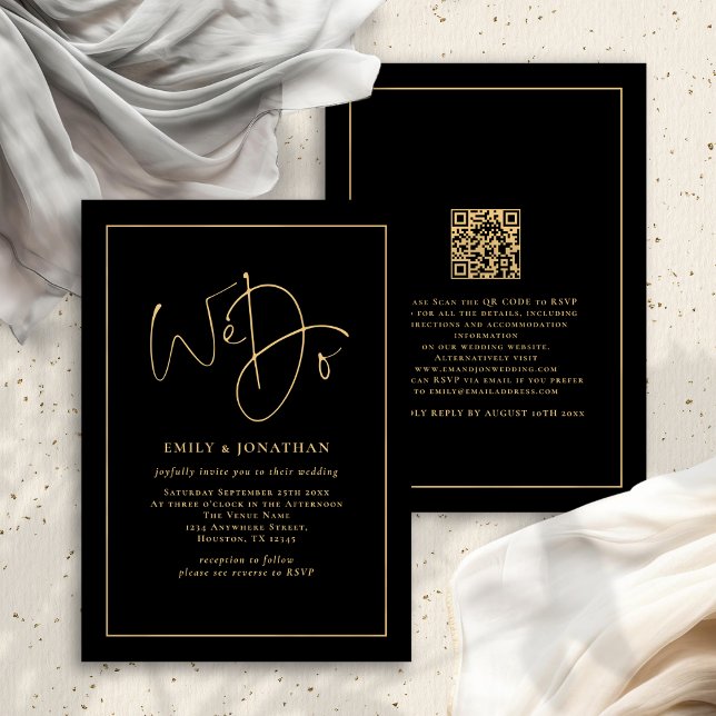 Invitación Hacemos Gold Script Borde de línea QR Boda negro (Front and back view)