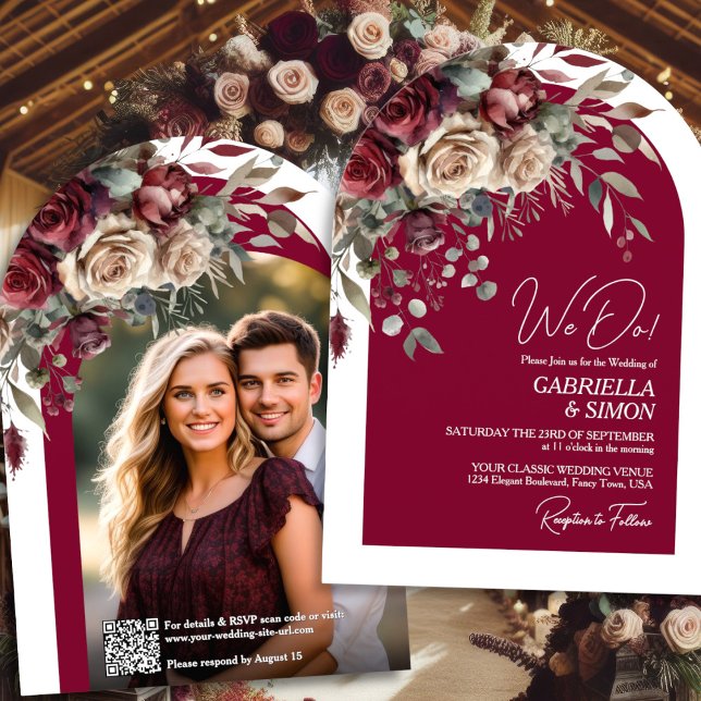 Invitación Hacemos Rosas de Borgoña Código QR y Boda de arcos (Back/Front)