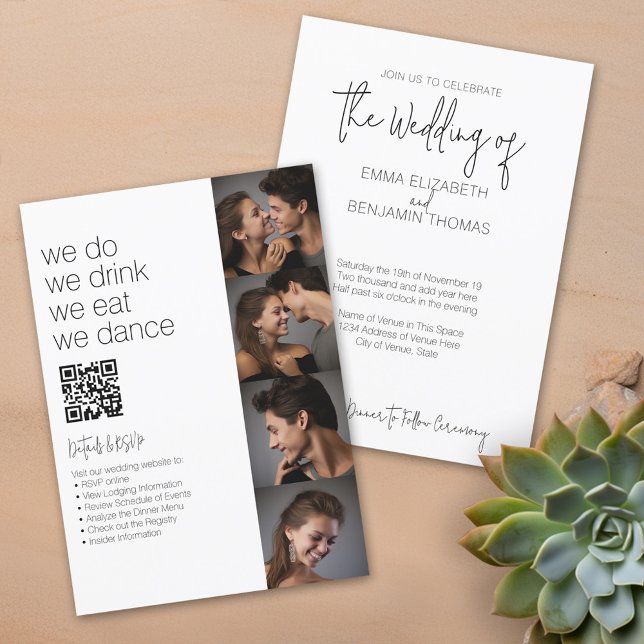Invitación Hacemos Todo En Un BW - QR - 4 Fotos - Boda (We Do, We Drink, We Eat, We Dance - Fun casual wedding invitation with photos and qr code)