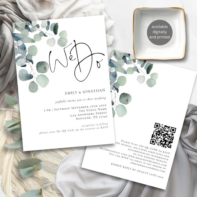 Invitación Hacemos un Boda de código QR moderno para Eucalypt (Front and back view)