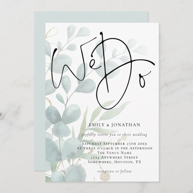 Invitación Hacemos un Boda de Eucalyptus con guión moderno (Anverso / Reverso)
