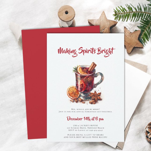 Invitación Hacer Fiestas a los Navidades de vino mutilado de  (making spirits bright christmas party invitation mulled wine cocktails mixer annual family holiday)