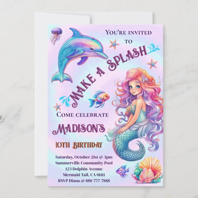 Invitación Hacer una fiesta de cumpleaños de la sirena Pastel (Anverso)