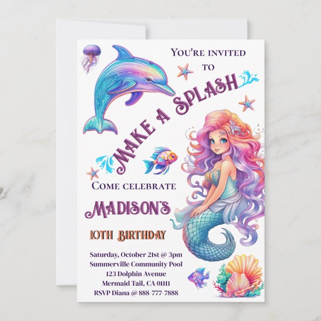 Invitación Hacer una fiesta de cumpleaños de sirena (Anverso)
