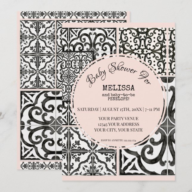 Invitación Hacienda Tile Blanco Negro Rubor Baby Shower moder (Anverso / Reverso)