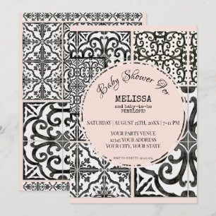 Invitación Hacienda Tile Blanco Negro Rubor Baby Shower moder