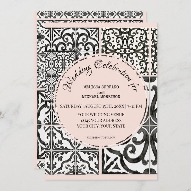 Invitación Hacienda Tile blanco negro Rubor Boda moderno (Anverso / Reverso)