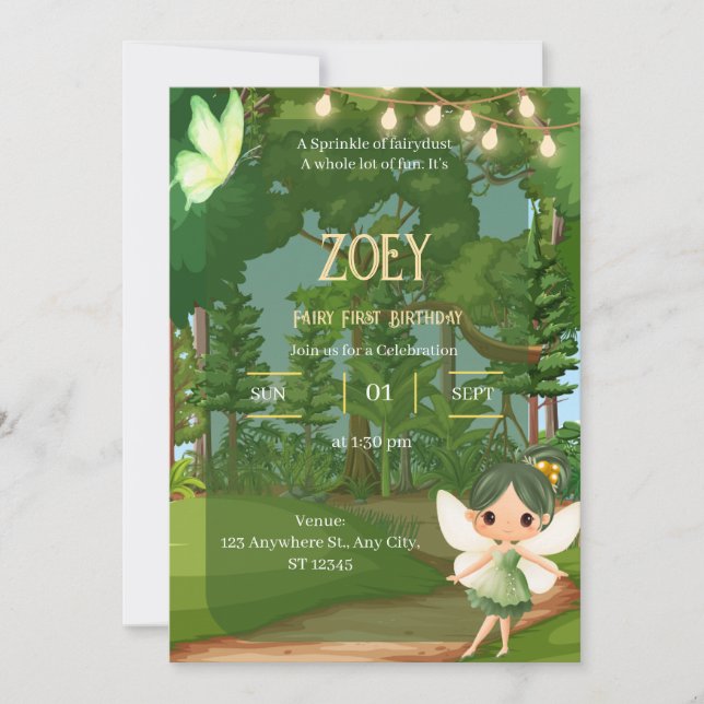 Invitación Hada de jardín encantada con mariposa (Anverso)