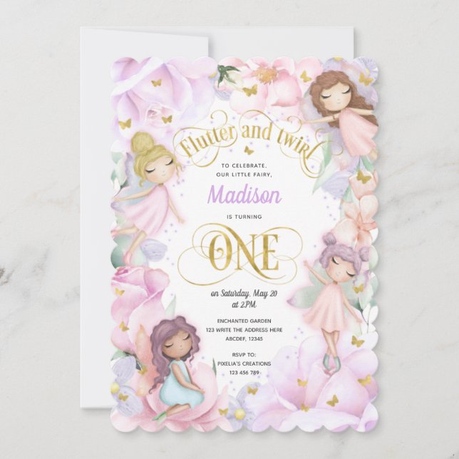 Invitación Hada de jardín morado rosado, bosque encantado (Anverso)