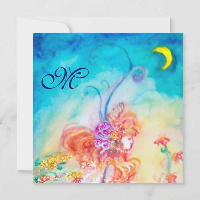 Invitación HADA DE LA FLOR ALTHEA Monograma Rosa Azul Destell (Anverso)