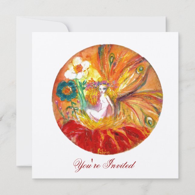 Invitación hada de las flores champán metálico rojo amarillo (Anverso)