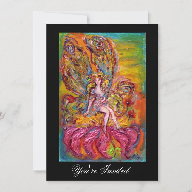 Invitación HADA DE LAS FLORES EN EL IRIS ROSA Fantasía Negro  (Anverso)