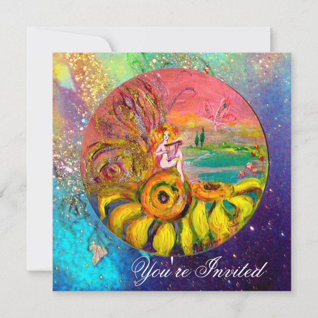 Invitación HADA DE LOS GIRASOLES amarillo azul rosa brillo (Anverso)