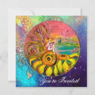 Invitación HADA DE LOS GIRASOLES amarillo azul rosa destello