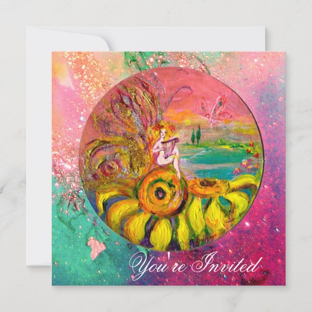 Invitación HADA DE LOS GIRASOLES amarillo verde rosa brillo (Anverso)