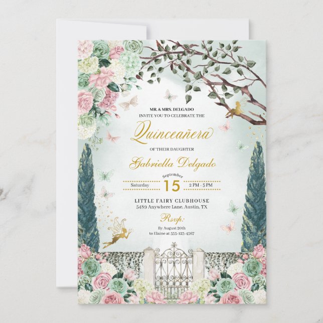 Invitación Hada de Oro Rosa Encantada Jardín Quinceanera (Anverso)