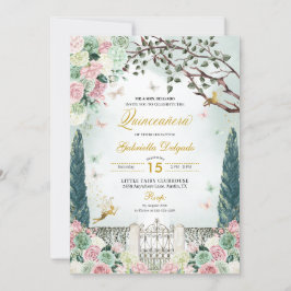 Invitación Hada de Oro Rosa Encantada Jardín Quinceanera