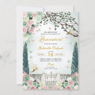 Invitación Hada de Oro Rosa Encantada Jardín Quinceanera